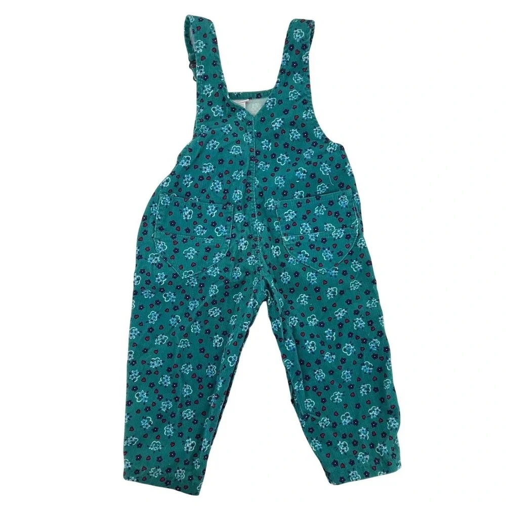 Vintage 90s Carters Toddler Girls Teal‎ Floral Corduroy Overalls Heart Print 24M